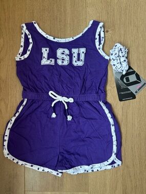 LSU Purple Romper with White Floral Trim